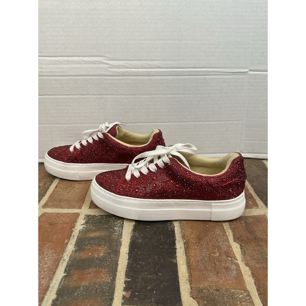 Betsey Johnson Platform Sneakers Red Rhinestone White Details Bling Women's 6 - Picture 4 of 8